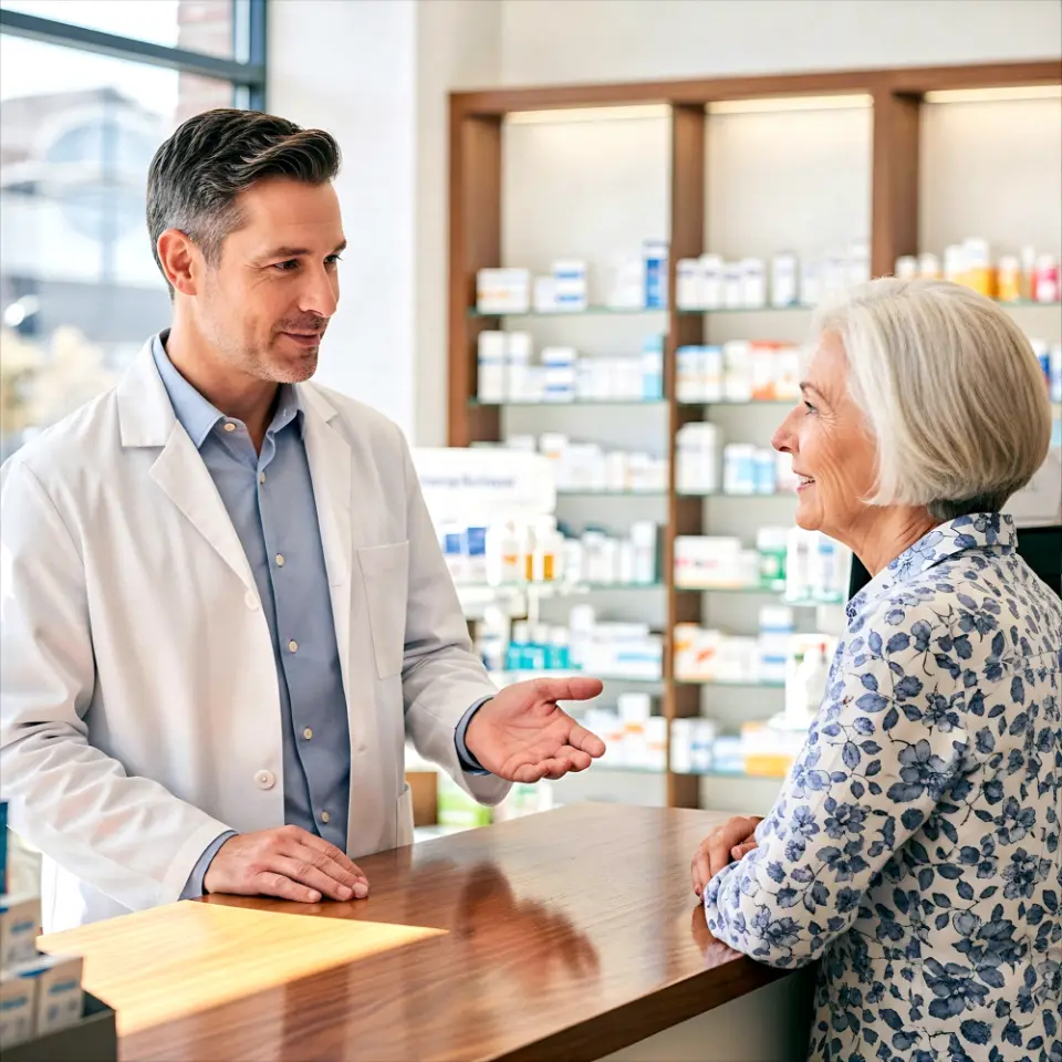 Farmacista al banco conversa con una cliente anziana