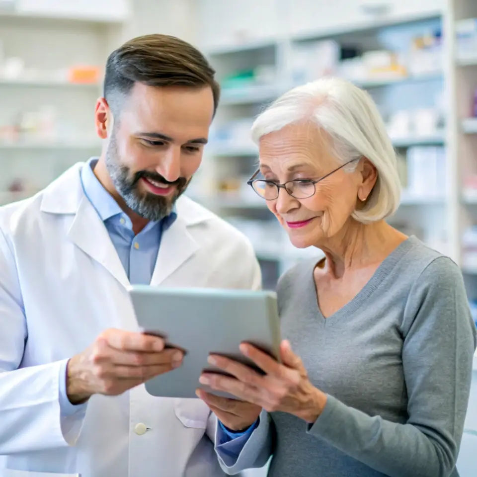 Farmacista aiuta una cliente anziana a consultare informazioni su un tablet